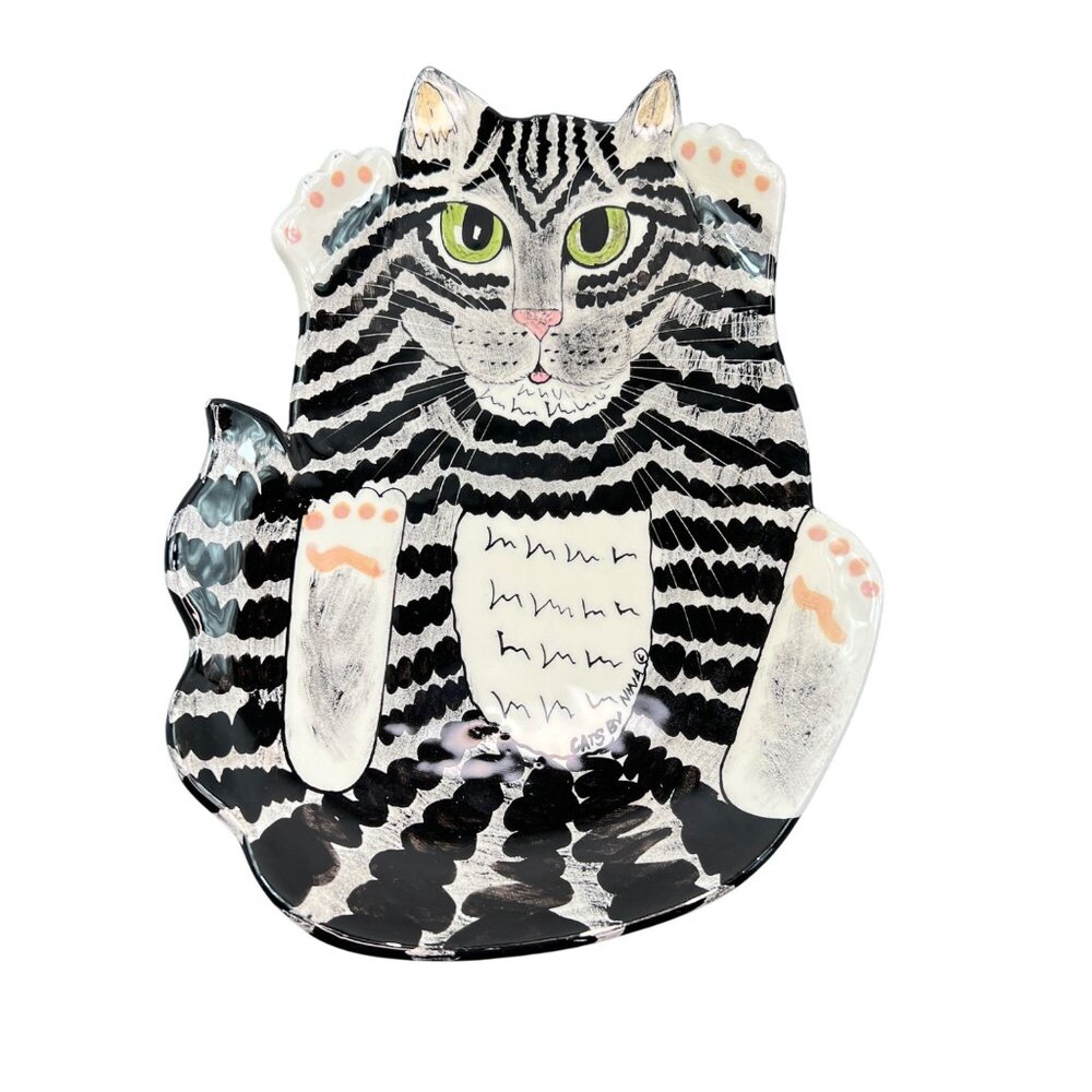 Cats By Nina Lyman Ceramic Cat-Shaped Plate Platter Black White Tabby Green Eyes